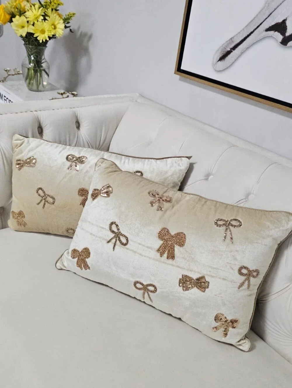 Elegant Cream Velvet Throw Pillow with Gold Sequin Bows